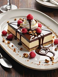 A visually stunning dessert creation takes center stage on a rectangular plate, showcasing an exquisite fusion of flavors and textures The dessert starts with a base layer of buttery shortbread crumbs that add a subtle crunch