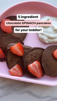 Hidden veggie recipes are a must for busy parents! These 5 ingredient chocolate spinach pancakes are perfect for your toddler! Add some fresh strawberries on top and they are absolutely delicious! Try this tasty toddler breakfast for your kids!