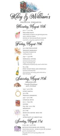 Custom wedding weekend itineraries! Please send all details, events of the weekend, and other information you'd like included via message or personalization box. Graphics will match events unless otherwise specified.  THIS IS A DIGITAL PRODUCT ONLY - no physical invitation will be shipped.