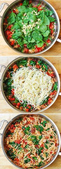 Spaghetti with Chicken, Tomatoes, and Spinach | 20 Healthy Meals You Can Make In 20 Minutes