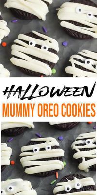 Halloween cookies to please any crowd. EASY Oreo mummy Halloween cookies.Make this simple cookie recipe for Halloween parties, kids snacks, desserts, Halloween treats or school parties.No creepy or spooky cookies here just fun & yummy mummy cookies.Decorate Halloween cookies that are simple & quick to make.No need to make homemade cookies when you can use #chocolate #oreo cookies that are store bought. Get ready to make the BEST Halloween cookies. For more #halloween recipes visit KimspiredDIY