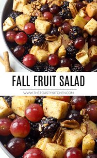 Fall fruit salad recipe by The Toasty Kitchen. This fall fruit salad is filled with fresh apples, blackberries, grapes, and pecans. Drizzled with a homemade cinnamon orange dressing that packs tons of fall flavor! #fall #fallfruitsalad #thanksgiving #halloween #apple #blackberry #grapes #cinnamondressing #nocooksidedish #sidedish #fallpicnic #homemade #cinnamon #orange #recipe