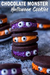 Looking for easy Halloween treats? How about my Chocolate Monster Halloween Cookies? Super cute, fun and easy to make chocolate sandwich cookies with coloured vanilla buttercream filling. So quick and easy, these are made all in the food processor. #sugarsaltmagic #halloweenrecipes #halloweencookies #halloweentreats #chocolatecookies 