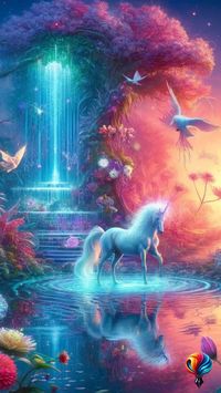 Introducing "Magical Haven," a breathtaking unicorn art print that transports you to a colorful and enchanting landscape.  This mesmerizing artwork features a majestic unicorn with a pearly, shimmering coat gracefully walking by a mystical waterfall that glows with magical energy.  The unicorn stands in a crystal-clear pool surrounded by lush, vibrant flora, while ethereal birds flutter around, adding to the sense of wonder. The sunset sky bathes the scene in warm, radiant hues, creating a dreamlike glow that enhances the tranquil beauty of the surroundings. Perfect for unicorn lovers and fantasy art enthusiasts, this high-quality print brings a sense of serenity and ethereal elegance to any space.