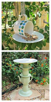 truebluemeandyou:  DIY Thrifted Dishes Bird Feeder and Bird Bath from Morena’s Corner. I’ve gotten a message asking for more outdoor DIYs, and these are just a variation on the “glue and stick" cake stands. Top Photo: Tea Cup Bird Feeder Tutorial from Morena’s Corner at Dollar Store Crafts here. Bottom Photo: Tea Pot Bird Bath Tutorial from Morena’s Corner here.