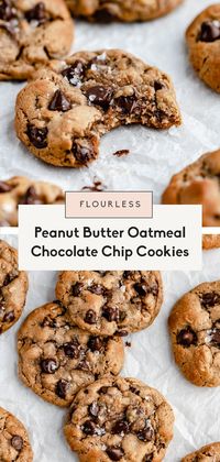 Thick, chewy peanut butter oatmeal chocolate chip cookies. Gluten free, flourless peanut butter cookies made with 7 simple ingredients!