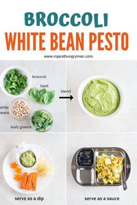 This nut-free broccoli white bean pesto packs in so many nutrients with minimal effort! It's a great way to incorporate veggies and important nutrients, like iron into your baby and toddler's diet | www.mjandhungryman.com #pesto #nutfree #kidfriendly