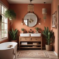 🌵 Boho-western vibe 🛀 with earthy terracotta walls 🎨, wooden vanity + storage baskets 🧺. Rustic mirror frame 🪞 meets potted greens 🌿 & macramé! Fringe pendant light 💡, mixed textures, and cozy rug 👣 for your bathroom oasis. #BohoBathroom #WesternChic #HomeDecorInspo ✨ #odastudioAI #odaAIstudio #odastudio  #bathroomdesign #bathroomdecor #bathroomideas #bathroominspiration #modernbathroom #homedecor #interiordesign #bathroomstyle #bathroomsink #bathroomplants