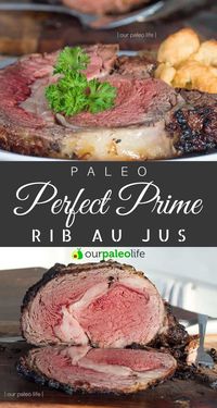 We like to serve our prime rib au jus with a side of green veggies or a salad, some mashed potatoes, and Yorkshire Puddings. It has the feel and flavors of a 5-star restaurant, but littered with kids and dishes that you have to clean afterward. #ourpaleolife #paleodiet #healthymeals #paleodishes #paleoliving #healthyrecipes #paleo #bestpaleorecipes #paleorecipes #paleomeals #healthyfood #maindish #paleodinner #lowcarb #lowcarbdinner #lowcarbrecipes #primeribs #AuJus #grainfree #beef