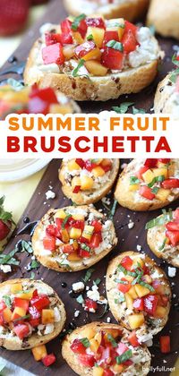 Summer Fruit Bruschetta is an easy, simple, and beautiful appetizer. Fresh summer fruit and goat cheese on toasted bread, with a drizzle of honey and balsamic glaze is a flavor bomb and the perfect little bite for any brunch or afternoon snack.