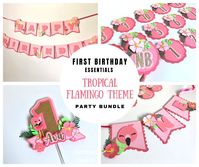 THE FIRST BIRTHDAY ESSENTIALS PARTY BUNDLE SET - Hot Pink Tropical Flamingo Theme This is a great starter party bundle set consisting of just the essentials for an adorable Flamingo Themed First Birthday Party! Party Bundles can not be modified so if you would like a different color scheme, etc. Please message me for a custom order! Additional charges may apply. - WHAT'S INCLUDED - 1. Number "1" Cake Topper 2. Highchair Banner 3. Monthly Photo Banner 4. Happy Birthday Banner *If you want to purc