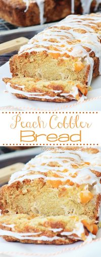 Peach Cobbler Bread - the easiest way to make peach cobbler! Canned peaches and a sweet bread batter, topped with a glaze - this is perfect for spring! @bobsredmill AD BobsSpringBaking