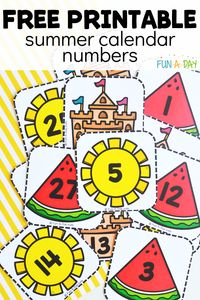 Get your own copy of the summer calendar numbers by clicking the link to Fun-A-Day. Use the number cards as part of your calendar, or incorporate them into your math lessons and math centers.