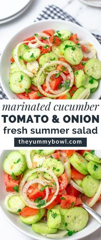 Marinated Cucumber Tomato and Onion Salad is a fresh summer side dish, it only takes 5 minutes to throw together, super simple and delicious. No summer feasting and BBQ party is the same without this salad.