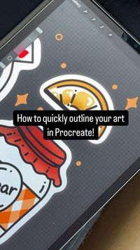 Making stickers in Procreate? Need to outline them quickly? Save this video 🌟 and follow these easy steps! 1. Flatten your artwork layer 2. Duplicate the flattened layer 3. Tap on the layer and tap ‘select’ 4. Select ‘feather’ and adjust the amount until you get your desired outline 5. Tap on the selection tool in the top bar. Make sure your selection is set to automatic! 6. Tap inside your outline to fill with color 7. Tap the screen and drag to adjust the threshold You’re done! Leave a c...