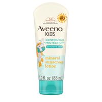 Aveeno Kids Continuous Protection Sensitive Skin Sunscreen Lotion with Broad Spectrum SPF 50 is formulated with friendly ingredients for kids' delicate skin and contains skin-soothing oat and a naturally-sourced 100% zinc oxide active ingredient. The mineral sunscreen for kids provides superior broad spectrum protection from UVA/UVB rays and is both sweat- and water-resistant for 80 minutes. From a pediatrician-recommended brand, this kids hypoallergenic sunscreen lotion is designed for children