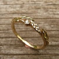 Leaf Band with Diamond, Nature Inspired. Organic, 14 karat Yellow Gold, White Gold, Rose Gold