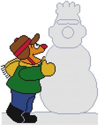 This is Sesame Street muppet Ernie who made a snowman of his best friend who is Burt! Too cute!

This pattern comes printed on 1 page which is 15 squares per inch of paper.
This pattern is 112 X 142 stitches (squares).
This pattern uses 10 colors.