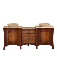 Overall dimensions (inch): 72w x 22d x 35.5h. Modern bathroom double sink vanity cabinet. Comes with travertine stone countertop. Comes with interchangeable stone vessel sink bowl. Natural stone, solid wood structure and TSCA title VI certified panels. Pre-drilled for single hole faucet. Drain and faucet are not included. Cabinet comes with distressed finish. Silkroad Exclusive 72-in Red Chestnut Double Sink Bathroom Vanity with Travertine Top in Brown | HYP-0714-T-TT-72