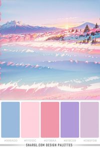 Design palette with colours: Carolina blue (CMYK 31,16,0,13), Pastel pink (CMYK 0,18,14,0), Mauvelous (CMYK 0,36,29,6), Light pastel purple (CMYK 18,28,0,15), Thistle (CMYK 0,12,0,15). Painting of a snowy landscape with mountains in the background and a sun setting in the distance with a pink sky. #palettes #colourcarolinablue #landscape #colors #colourpastelpink #colorschemes #mauvelous #sky #artwork #sketchbook #weird #thistle #colour #hex #colourthistle