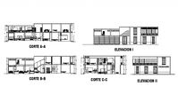 Two-level multi-cuisine restaurant all sided elevation and sectional details dwg file