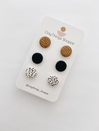 Lightweight polymer clay earrings with stainless steel stud packs, hypoallergenic and nickel free  Herringbone pattern may vary slightly on each set* -1 pair latte herringbone  -1 pair black  -1 pair white and black