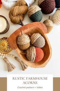 Add rustic farmhouse charm to your home with crochet acorns! Free crochet pattern and tutorial. Perfect for Fall and Christmas!