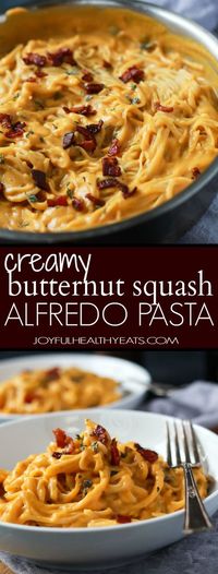 Creamy Butternut Squash Alfredo Pasta permeated with fresh sage and thyme then perfected with a garnish of salty bacon on top! The fall recipe is silky smooth, luscious, healthy and absolutely addicting. | joyfulhealthyeats.com #glutenfree #fall