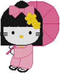 This Hello Kitty In a Japanese kimono and holding an umbrella and wearing her Zori shoes with socks.   So cute!
This pattern comes printed on 1 page which is 12 squares printed per inch of paper.
This pattern is 87 X 107 Stitches (Squares)
This pattern uses only 8 colors.