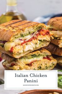 This Italian Chicken Panini is made up of crusty bread filled with gooey mozzarella cheese, roasted red pepper, shredded chicken and pesto!