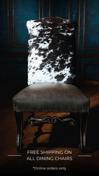 Description: Channel the spirit of the Wild West with the Texas Outlaw Cowhide Side Chair from Runyon's Fine Furniture. Handcrafted with black & white cowhide and top-grain leather, this chair adds a touch of rugged elegance to any dining room. ✨ Black antique finish and nailhead accents complete the look. Saddle up for style and comfort!