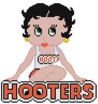 This is Betty Boop as a Hooter's girl.  So cute. 
This Pattern comes printed on 1 pages which is 12 squares printed per inch of paper. 
This pattern is 91 X 97 stitches (squares).
This patterns uses only 8 colors. 