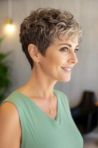 The feminine short curly hairstyle is the curly tapered pixie cut. This is a great cut to bring out your natural curls and give you a young, fresh-face look. Click here to check out more best curly hairstyles for women over 50.