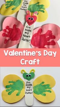 An adorable butterfly craft for little ones to make for Valentine's Day. Stamp their hands for the wings to make a cute keepsake for parents and grandparents.