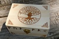 "Tree of Life | Runes | Celtic Pine Wood Box | 4.7\" x 6.7\" (Outside) / 4 x 6 \" (Inside) with Gold Latch These beautiful pine boxes were customized/designed by Little Fox. These boxes are great for tarot , altar tools, basically anything <3 You wont be disappointed!"