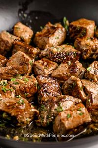 Garlic butter steak bites taste great as an appetizer or even as an entrée. Kids and adults love them and they're perfect for dipping! #spendwithpennies #steakbites #recipe #appetizer #garlicbutter #tender #best #easy #marinated #keto