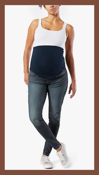 Women’s Maternity Slim Boyfriend Jeans. The soft and comfortable stretchy baby bump material rises up really high to cover your whole belly, according to customer reviewers.