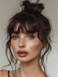 Incorporating bangs into a high messy bun adds a youthful and playful element to the hairstyle. This look is perfect for medium hair and suits oval and heart-shaped faces, highlighting the eyes and cheekbones. Ideal for casual outings or a day at the beach, this bun is effortlessly chic.