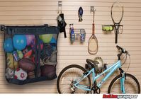 The Sports Accessory Kit includes a number of specialty accessories for storing all your sports gear. The kit comes with: (1) 6" J Hook, (1) 4" Double Hook, (3) 8" Double Hooks, (1) Tennis Accessory Holder, (1) 34" x 26" Large Mesh Basket, (1) Horizontal Bike Rack, (1) 8" x 12" Wire Basket, and (1) Locking Accessory Clip. That's a total of 10 accessory pieces!