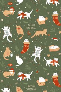 Christmas cats seamless pattern. Vector funny pets on the winter holiday at home. Green New Year time repeat background, wallpaper, package design, wrap paper, textile. Kitty secret life concept.