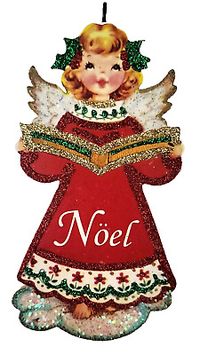 ANGEL in RED DRESS SINGING w BOOK - NOEL *  Glitter CHRISTMAS ORNAMENT * Vtg Img  | eBay