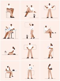 12 playful vector illustrations that represent day-to-day behaviors and activities in the workplace.

