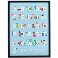 PRICES MAY VARY. Disney Pixar official product: Let your favorite Pixar characters teach you a little something with this full-color wall decor. Featuring characters from Toy Story, Cars, The Incredibles, and many other beloved Pixar movies, this decor is sure to bring a smile to your face each and every day. Framed Wood Wall Decor: Featuring every letter of the alphabet above text that reads, "Play the day away," this sign is as educational as it is spunky. Material: This cheerful wall decor is