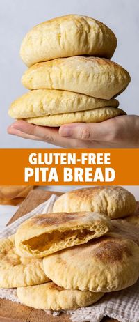 Easy Gluten Free Pita Bread - This is THE BEST gluten free pita bread you’ll ever try – and it’s super easy to make! It’s wonderfully soft and it puffs up beautifully, creating a large pocket perfect for filling. You need just 8 ingredients to make it and the dough is a joy to work with. The recipe includes both a stovetop and an oven cooking option. Gluten free pitta bread. Gluten free flatbread recipe. Gluten free side dish. Gluten free bread recipes.