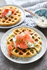 Chive Cheddar Waffles with Lox and Veggie Cream Cheese - Cooking for Keeps