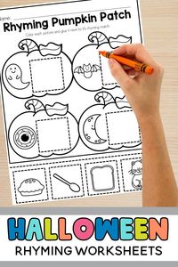 These Halloween rhyming activities and worksheets making rhyming practice fun for kindergarten students! You'll love these simple worksheets and festive activities to teach rhyming.