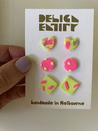 Brighten up someone's 90's crush with these Handmade Polymer Clay stud Earrings in Neon Pink, Neon Yellow and multi-colour Pack of 3. These pretty and colourful studs would make the perfect gift for Mum, Daughter, Girlfriend, Wife, Cousin, Teacher or just keep them for yourself!