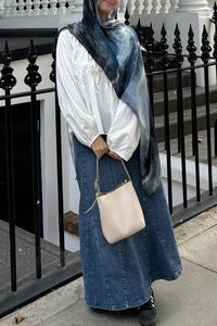 vela scarves navy marble outfit inspo fit check hijabi denim skirt modest outfit cute white blouse bows