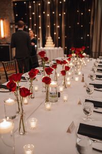 Wedding Reception Decor - Colorful Wedding Space - Wedding Inspo - Wedding Ideas Reception - Wedding Flowers - Wedding 2024 - edding Reception - Wedding Design - Wedding Reception Tables Centerpieces - Wedding Decorations Reception - Candlelit Table Centerpieces - Rose Centerpieces - Red Roses