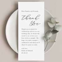 Custom-designed wedding place setting thank you table cards featuring modern hand script design with personalized thank you note.